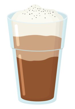 Beyaz üzerine izole edilmiş bir bardak macchiato kahvesi. Şeffaf bardakta sütlü latte tasviri