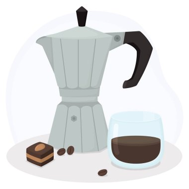 Moka pot, bir bardak espresso, çikolata şekeri ve kahve çekirdekleri ile hayat çizimi. Sevimli elementlerle kompozisyon