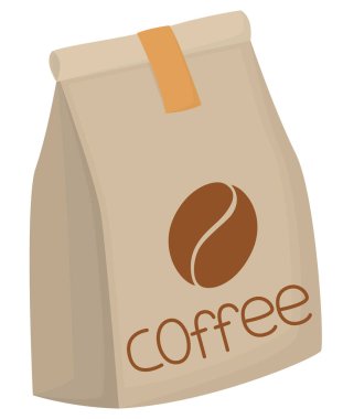 Beyaz arka planda kahve logosu olan kağıt torba. Kahve çekirdekleri için çevre dostu paketleme