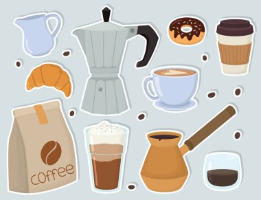 Üzerinde kahve elementleri olan samimi çıkartmalar. Cezaevi tenceresi, espresso, moka demliği, fincan, latte bardağı, kahve çekirdekleri, kruvasan, çörek, kağıt poşet ve paket servis kupası..