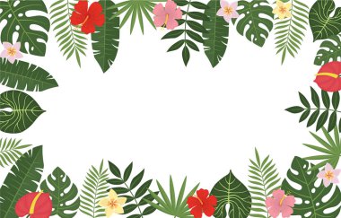 Yeşil tropikal yapraklar ve parlak çiçekler çerçevesi. Egzotik bitkilerle şirin bir sınır.