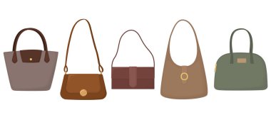 Çeşitli şekillerde ve tarzlarda deri kadın çantaları. Beyaz arkaplanda izole edilmiş modaya uygun aksesuarlar