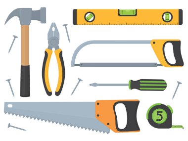 Beyaza izole edilmiş marangozluk aletleri. Mezura, testere, pense, el testeresi, çekiç, ruh seviyesi, tornavida ve çivi..