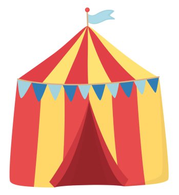 Renkli bayraklarla süslenmiş çizgili sirk çadırı. Kırmızı ve sarı çizgili karnaval çadırı