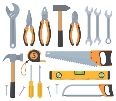 İnşaat ve tamir aletleri seti. El testeresi, pense, mezura, ruh seviyesi, testere, çekiç, anahtarlar, tornavida ve çivi.