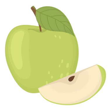 Yapraklı ve sulu dilimli yeşil elma tasviri. Beyazda izole edilmiş taze sağlıklı ürün.