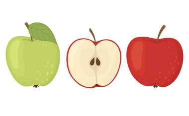 Taze yapraklı yeşil elma seti, bütün kırmızı elma ve yarım kesilmiş kırmızı elma. İştah açıcı taze meyveler beyaz arka planda izole