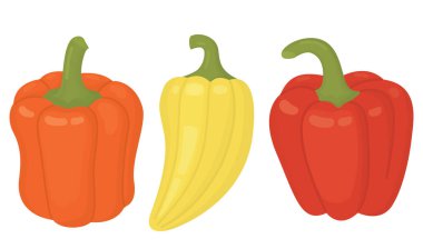 Üç tane dolma biber seti. Turuncu, sarı ve kırmızı. Beyaz arka planda izole edilmiş parlak sebzelerin tasviri