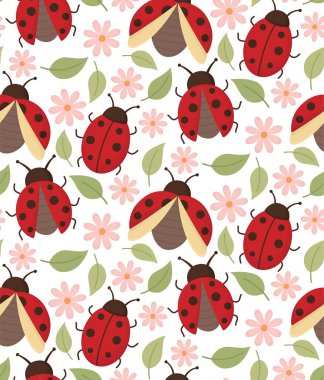 Çiçekler ve yapraklarla çevrili şakacı kanatlı sevimli uğur böceklerinin kusursuz deseni. Parlak böcek ve bitkilerle dolu renkli bir arkaplan