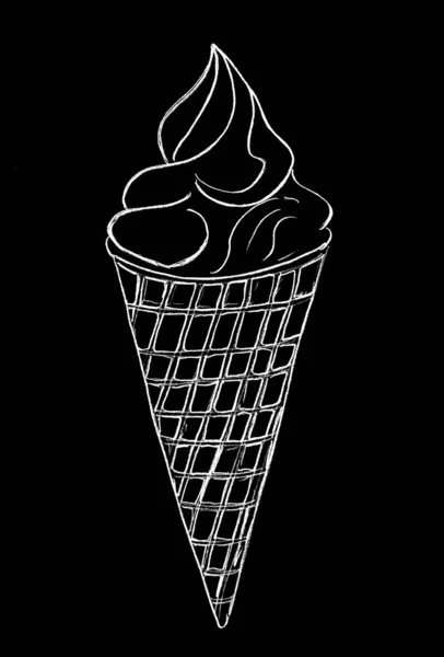 Creme Cone Waffle Desenhado Branco Fundo Preto — Fotografia de Stock