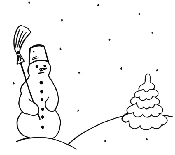 Dibujo Muñeco Nieve Con Una Escoba Cerca Del Árbol Navidad —  Fotos de Stock