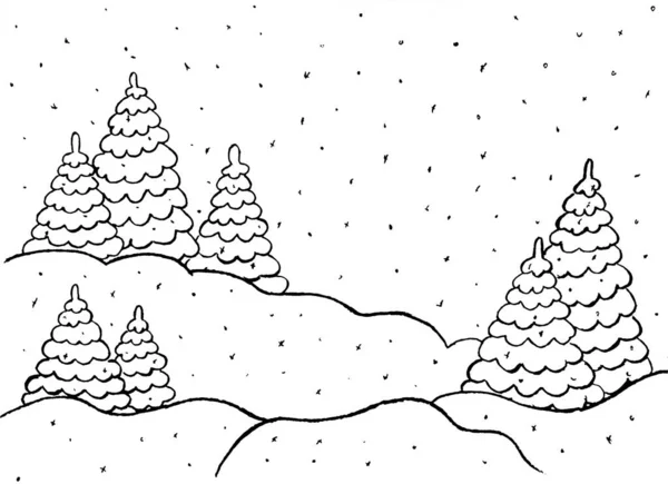 Fundo Branco Com Árvores Natal Cobertas Neve Snowdrifts Neve — Fotografia de Stock