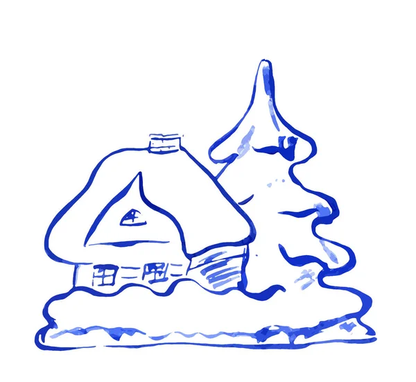 Casa Árvore Natal Neve Azul Sobre Fundo Branco — Fotografia de Stock