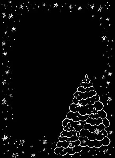 Siyah arka planda beyaz kar taneleri ve Noel ağaçları şeklinde çerçevelenmiş.