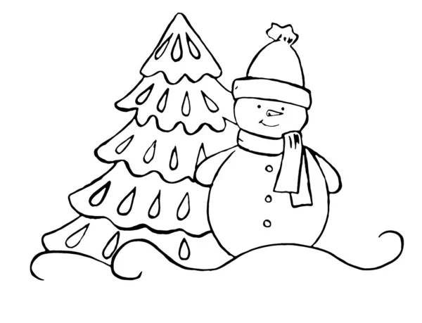 Χιονάνθρωπος Μια Χιονοστιβάδα Κοντά Στο Χριστουγεννιάτικο Δέντρο — Φωτογραφία Αρχείου