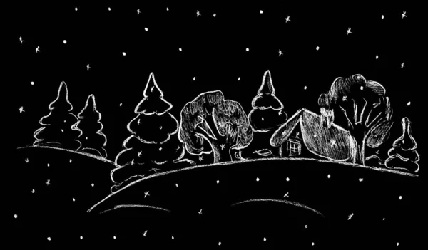 Winter Landscape House Trees Christmas Trees Snow Black Background — Fotografia de Stock