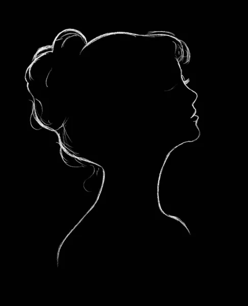 Profilo Disegnato Una Donna Sfondo Nero Bianco — Foto Stock