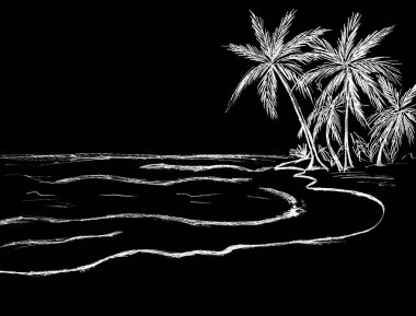 Siyah arka planda palmiye ağaçları olan bir kumsalın grafiksel görüntüsü