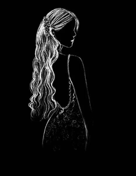 Beautiful girl with long hair drawn in white on a black background