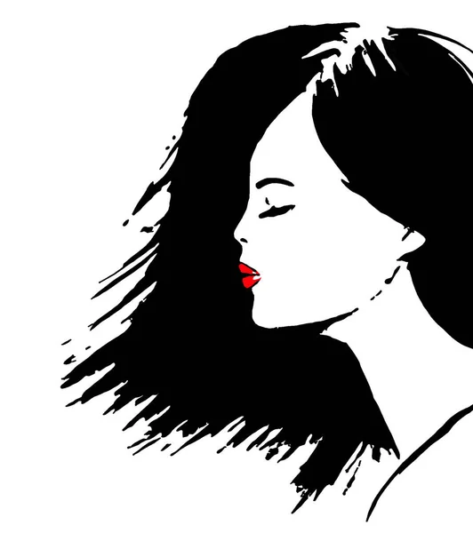 Silhouette Noire Une Fille Aux Lèvres Rouges Sur Fond Blanc — Photo
