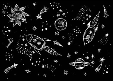 Roketleri, yıldızları ve gezegenleri siyah zemin üzerinde beyaza boyanmış boşluk