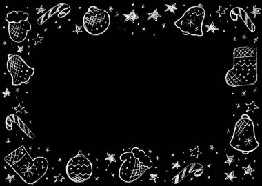 Noel botları, eldivenler, kar taneleri, yıldızlar, toplar, siyah arka planda koltuk değnekleri