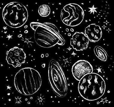  Siyah arka planda gezegenlerin ve yıldızların olduğu evrenin grafiksel görüntüsü.