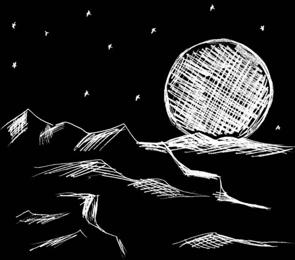 A space landscape drawn in black on a white background