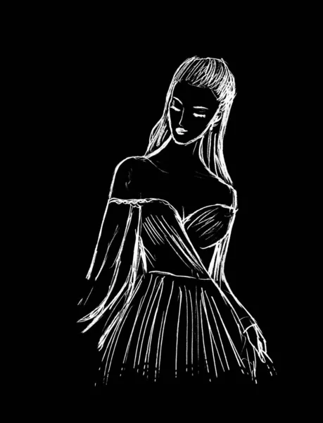 Graficzny Obraz Białej Dziewczyny Sukni Wieczorowej Czarnym Tle — Zdjęcie stockowe