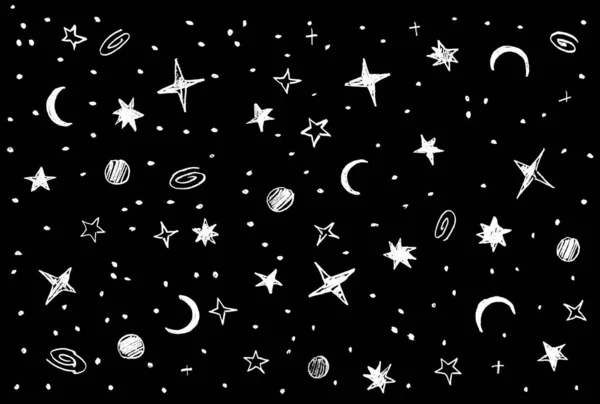 Черный Фон Звездами Луной Планетами Нарисованными Белом — стоковое фото