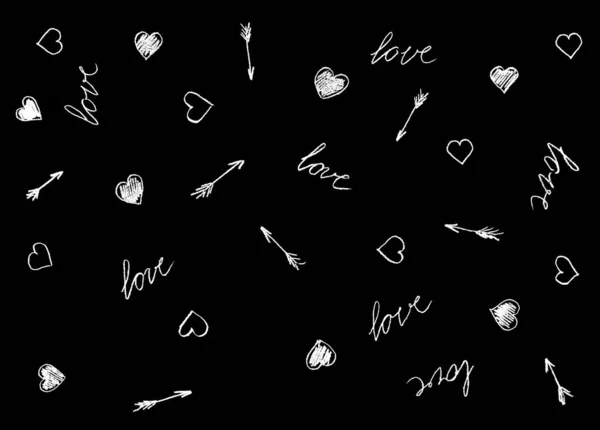 黒い背景に白い心と矢と愛 — ストック写真