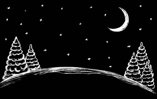 Winternacht Landschap Met Sterren Maan Kerstbomen Sneeuwverschuivingen — Stockfoto