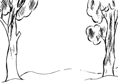 Çerçevenin kimliğindeki iki ağacın beyaz bir zemin üzerindeki siyah çizgisi