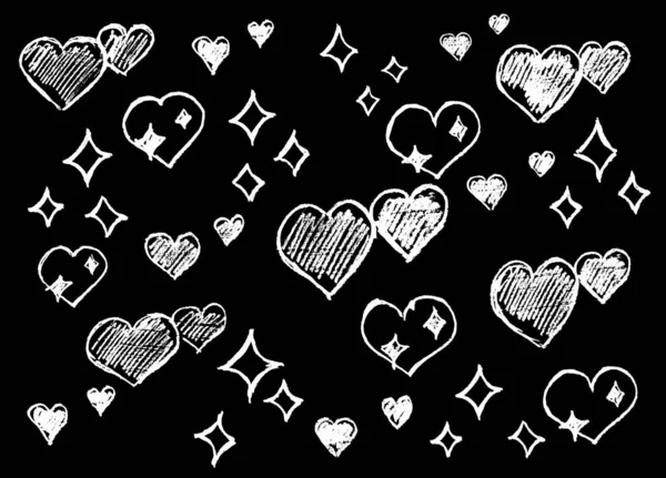Siyah Arkaplan Beyaz Renkli Kalpler Yıldızlar — Stok fotoğraf