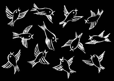  Siyah bir arka planda, süzülen beyaz, neşeli kuşlar