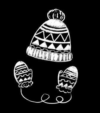 Siyah arka planda beyaz renge boyanmış ponpon ve eldivenli bir şapka.