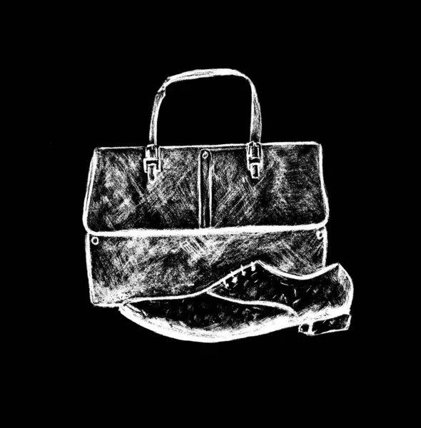 Bir Ayakkabı Bir Çantanın Siyah Zemininde Beyaz Olarak Grafiksel Resim — Stok fotoğraf