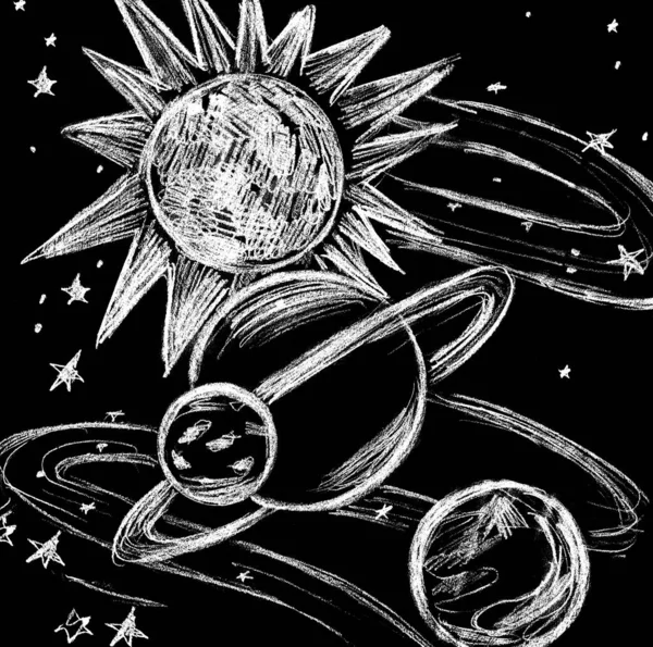 Cosmic Landscape Sun Planets Stars Drawn White Black Background — Stock Photo, Image