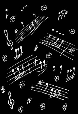  Siyah arkaplanda beyaz notalar ve çiçekler