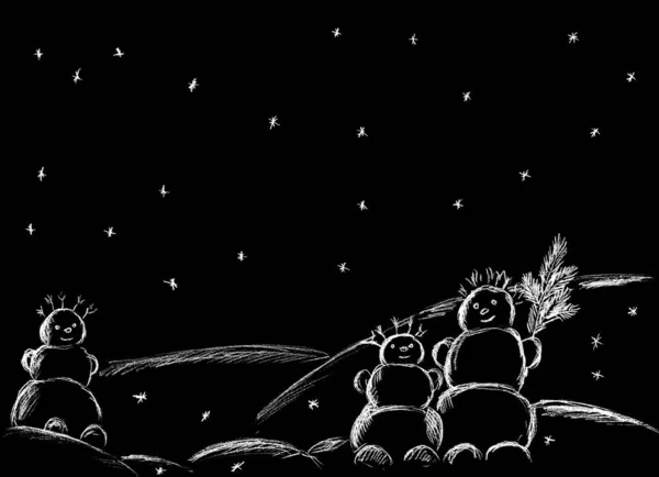 Snowmen Standing Snowdrifts Painted White Black Background — Φωτογραφία Αρχείου