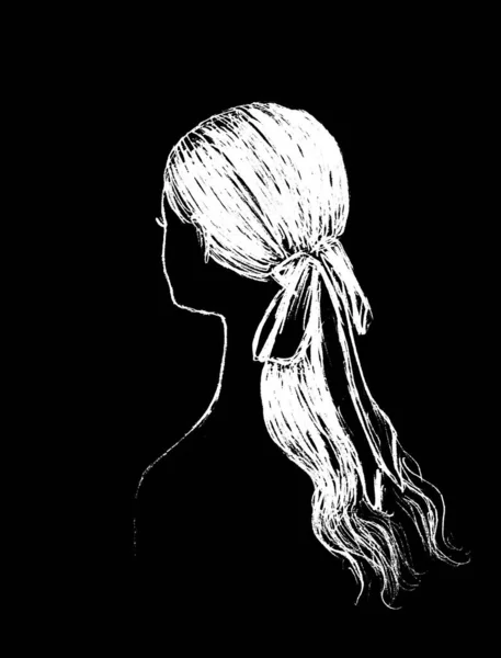 Graficzny Obraz Dziewczyny Wstążką Długich Pięknych Włosach Biała Czarnym Tle — Zdjęcie stockowe