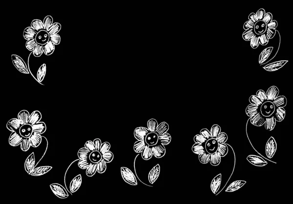 Een Zwarte Achtergrond Kinderbloemen Met Ogen Mond Wit Geschilderd — Stockfoto