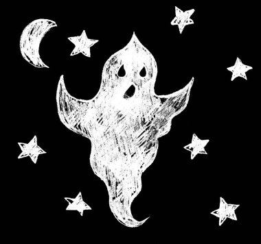 Beyaz bir hayalet ve yıldızlar siyah bir arkaplanda çizilir.