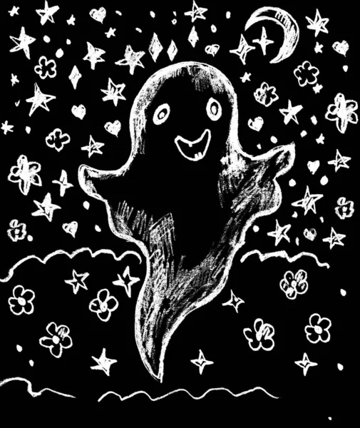 Black Background White Drawing Ghost Set Stars — Stock Photo, Image