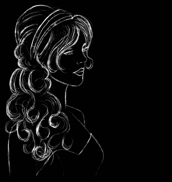 Dziewczyna Pięknymi Długimi Włosami Graficzny Obraz Bieli Czarnym Tle — Zdjęcie stockowe