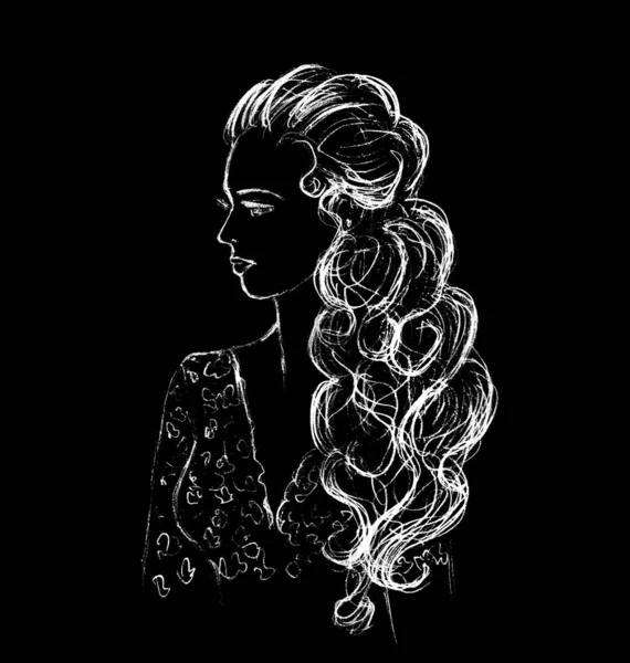 Gyönyörű Hosszú Hajú Lány Egy Grafikus Kép Fehér Egy Fekete — Stock Fotó