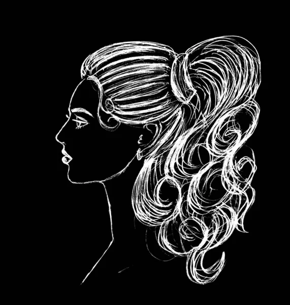 黒の背景に白で描かれた美しい髪型をした女の子の頭 — ストック写真