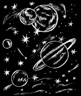 Siyah bir arkaplanda beyaza boyanmış bir uzay manzarası