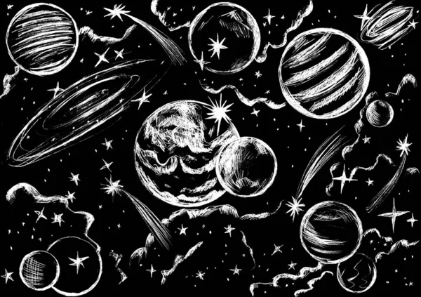 Paysage Cosmique Avec Planètes Étoiles Dessinées Blanc Sur Fond Noir — Photo