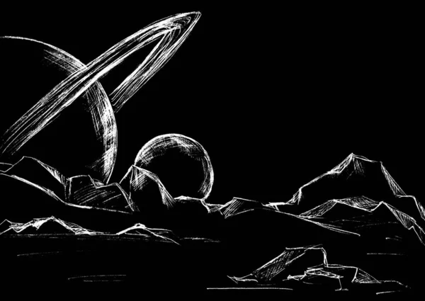 Kozmikus Táj Szaturnusz Grafikus Kép Fehér Fekete Alapon — Stock Fotó